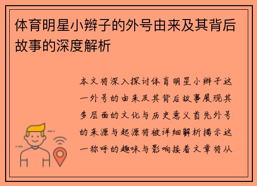 体育明星小辫子的外号由来及其背后故事的深度解析